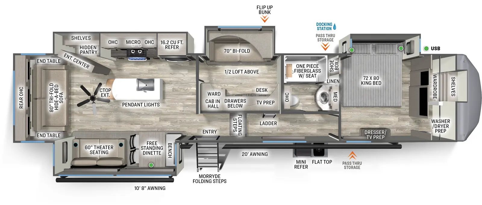 The Sandpiper Fifth Wheels 4003MB floorplan has one entry and four slide outs. Exterior features include: fiberglass exterior, 10'8" & 20' awning and outside kitchen. Interiors features include: bunk beds, loft, kitchen island, free-standing dinette option, front bedroom and rear living.